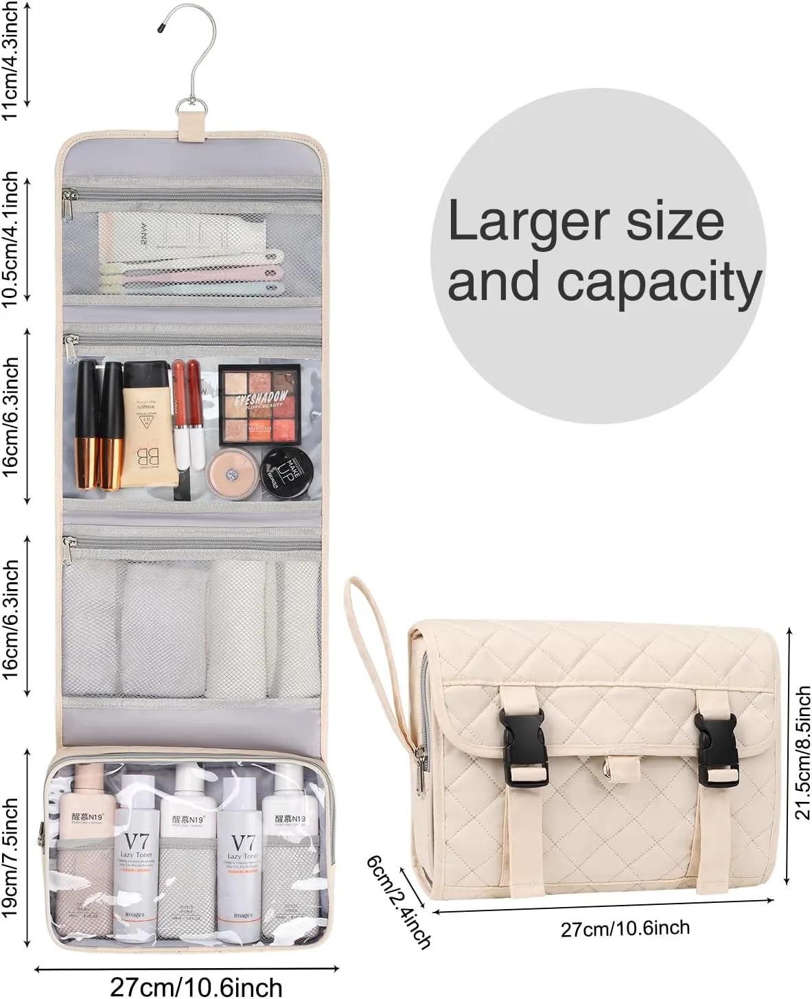 Relavel Travel Hanging Toiletry Bag, Waterproof Hanging Toiletries Bag for Women, Compact Cosmetic Bag Organizer with Hanging Hook, Makeup Organizer for Bathroom Shower (Off-White)