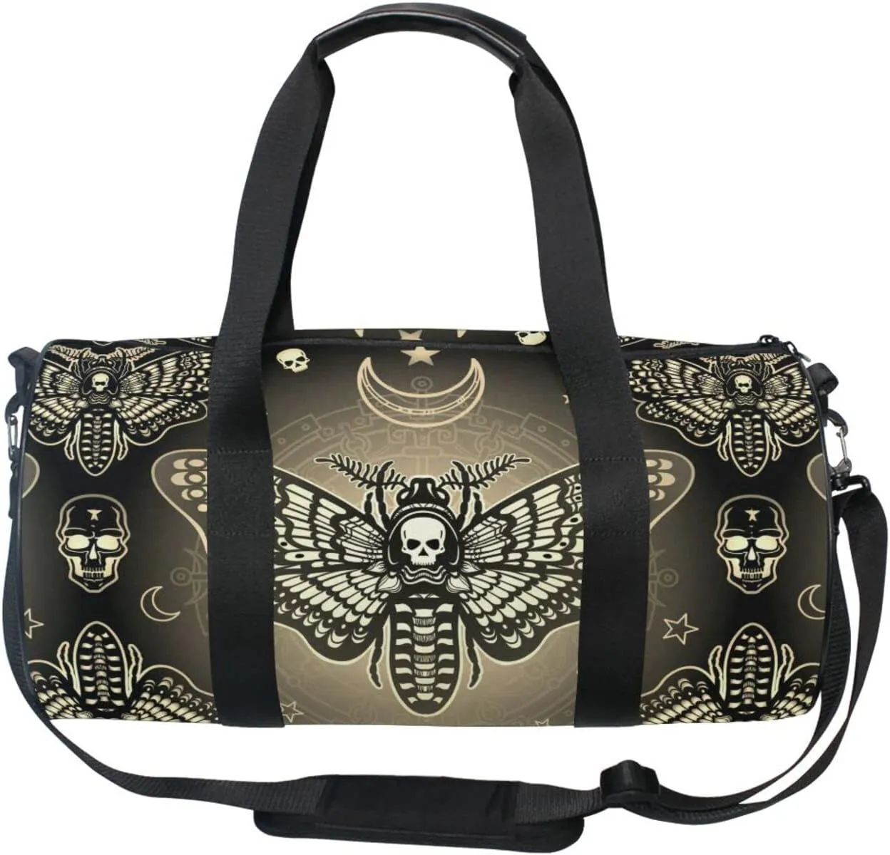Retro Moth Dead Head, Mystical Circle, Skull, Moon, Stars Occultism Duffel Bag, Foldable Canvas Travel Tote for Gym Sports with Inner Pockets, Durable Lightweight Fitness Bag for Overnight Workout
