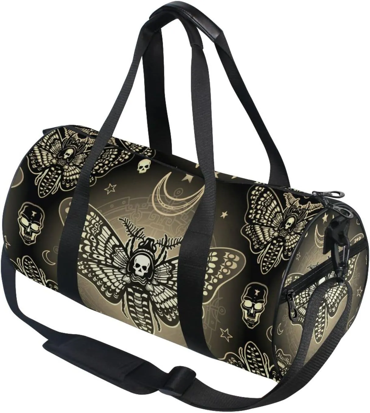 Retro Moth Dead Head, Mystical Circle, Skull, Moon, Stars Occultism Duffel Bag, Foldable Canvas Travel Tote for Gym Sports with Inner Pockets, Durable Lightweight Fitness Bag for Overnight Workout