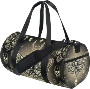 Retro Moth Dead Head, Mystical Circle, Skull, Moon, Stars Occultism Duffel Bag, Foldable Canvas Travel Tote for Gym Sports with Inner Pockets, Durable Lightweight Fitness Bag for Overnight Workout