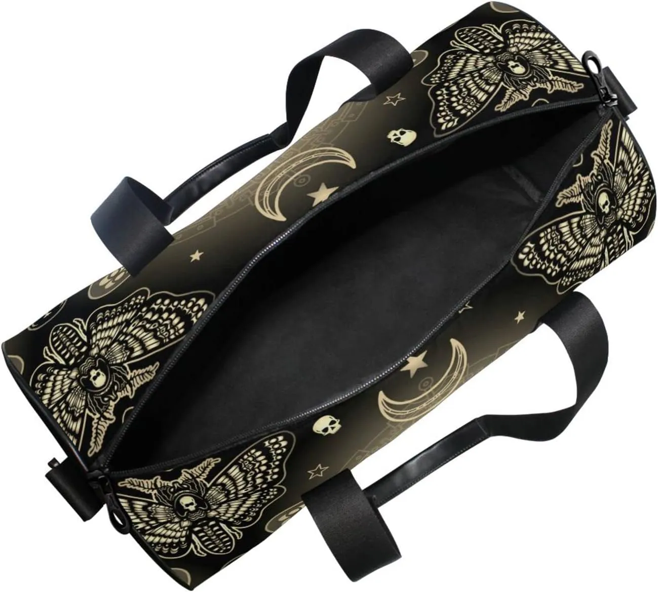 Retro Moth Dead Head, Mystical Circle, Skull, Moon, Stars Occultism Duffel Bag, Foldable Canvas Travel Tote for Gym Sports with Inner Pockets, Durable Lightweight Fitness Bag for Overnight Workout