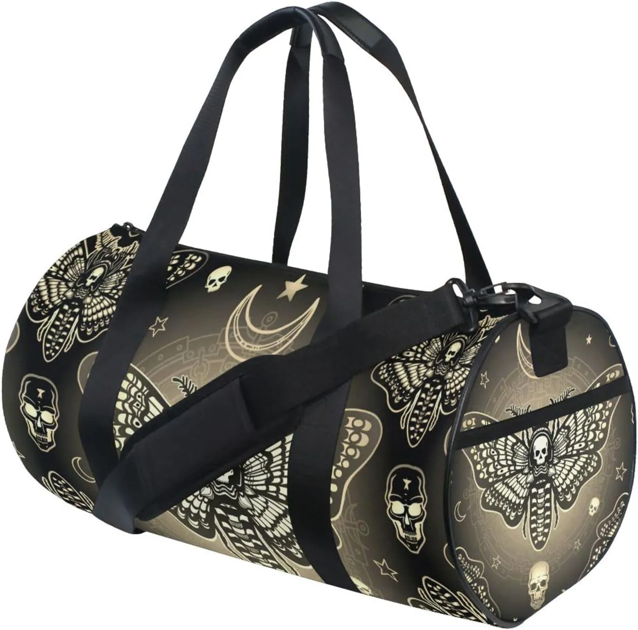 Retro Moth Dead Head, Mystical Circle, Skull, Moon, Stars Occultism Duffel Bag, Foldable Canvas Travel Tote for Gym Sports with Inner Pockets, Durable Lightweight Fitness Bag for Overnight Workout