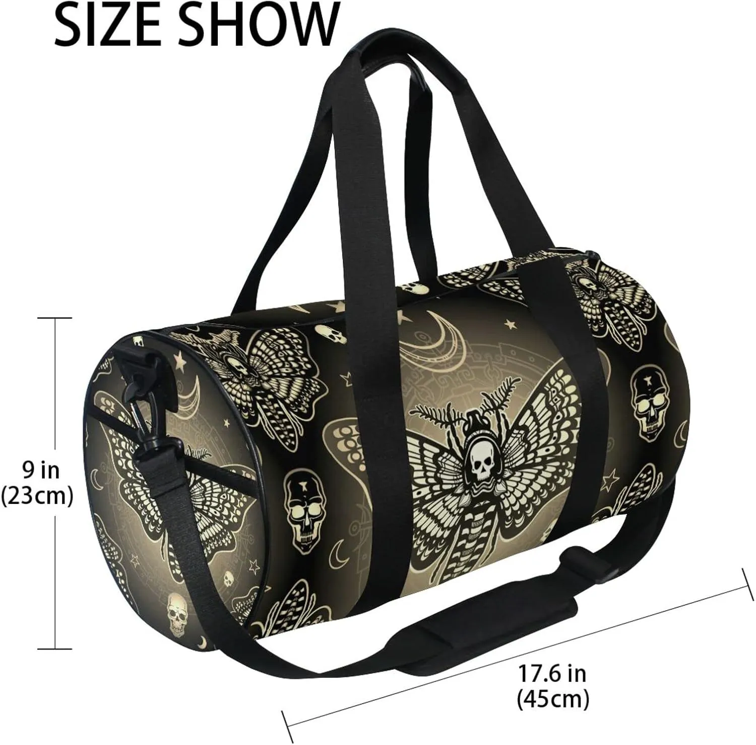 Retro Moth Dead Head, Mystical Circle, Skull, Moon, Stars Occultism Duffel Bag, Foldable Canvas Travel Tote for Gym Sports with Inner Pockets, Durable Lightweight Fitness Bag for Overnight Workout
