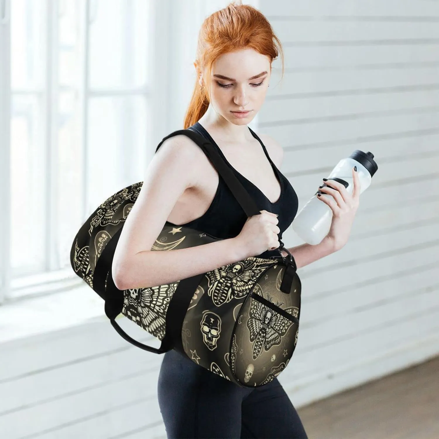 Retro Moth Dead Head, Mystical Circle, Skull, Moon, Stars Occultism Duffel Bag, Foldable Canvas Travel Tote for Gym Sports with Inner Pockets, Durable Lightweight Fitness Bag for Overnight Workout