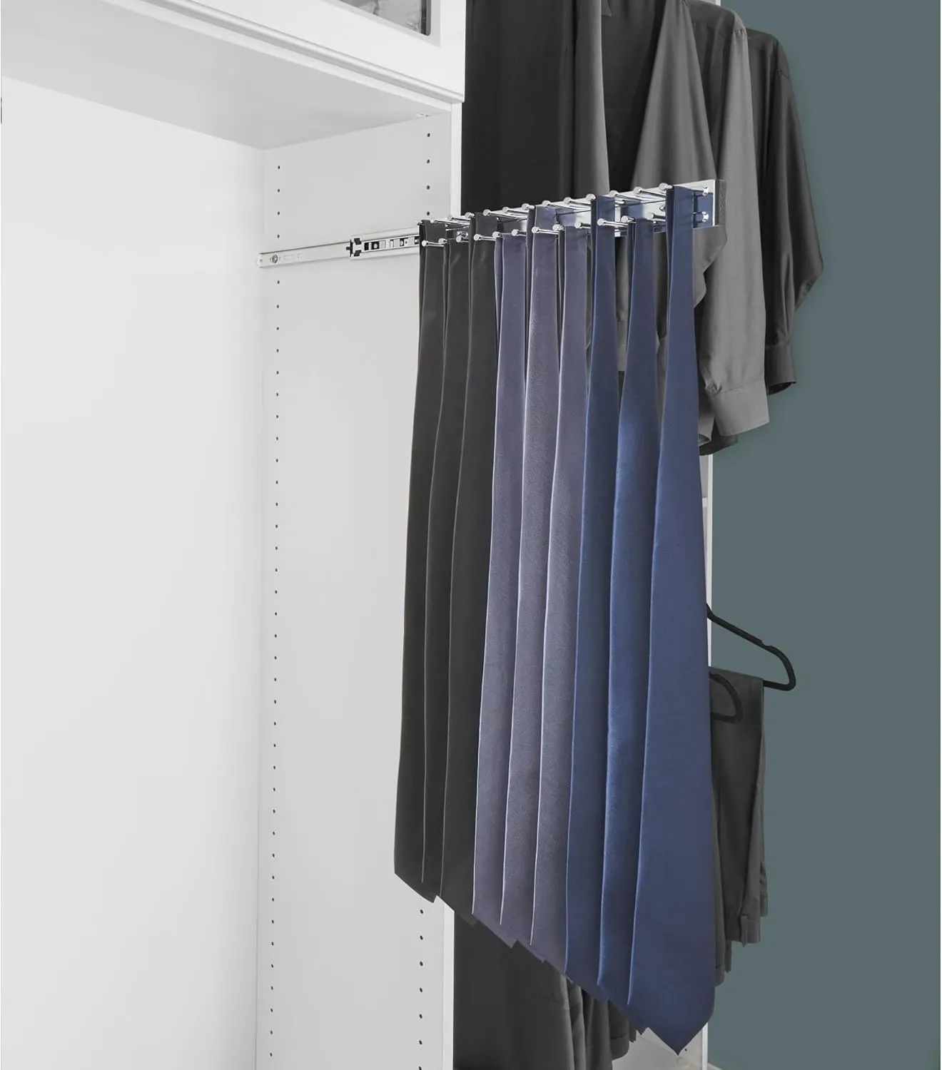 Rev-A-Shelf Pullout 14 Inch Side Mount Extending Closet Tie and Belt Organization Storage Rack Holder for Up to 25 Ties, Chrome, TRC-14CR