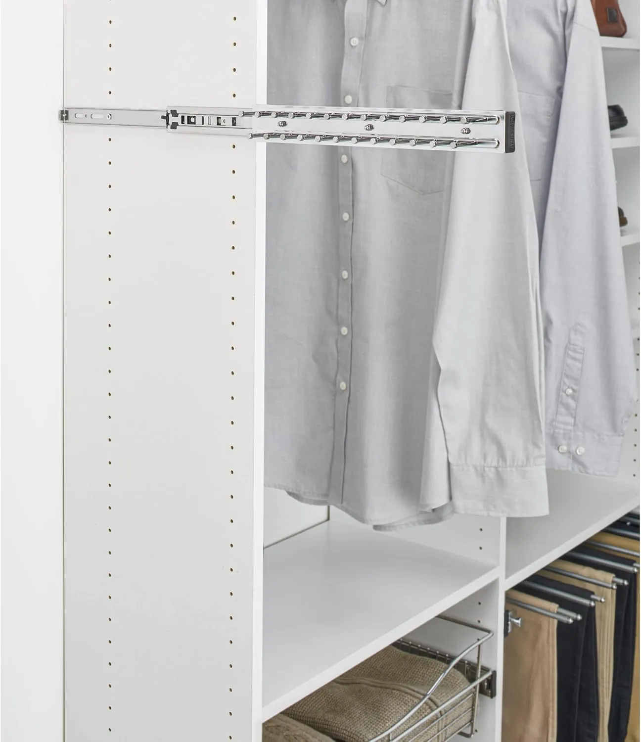 Rev-A-Shelf Pullout 14 Inch Side Mount Extending Closet Tie and Belt Organization Storage Rack Holder for Up to 25 Ties, Chrome, TRC-14CR