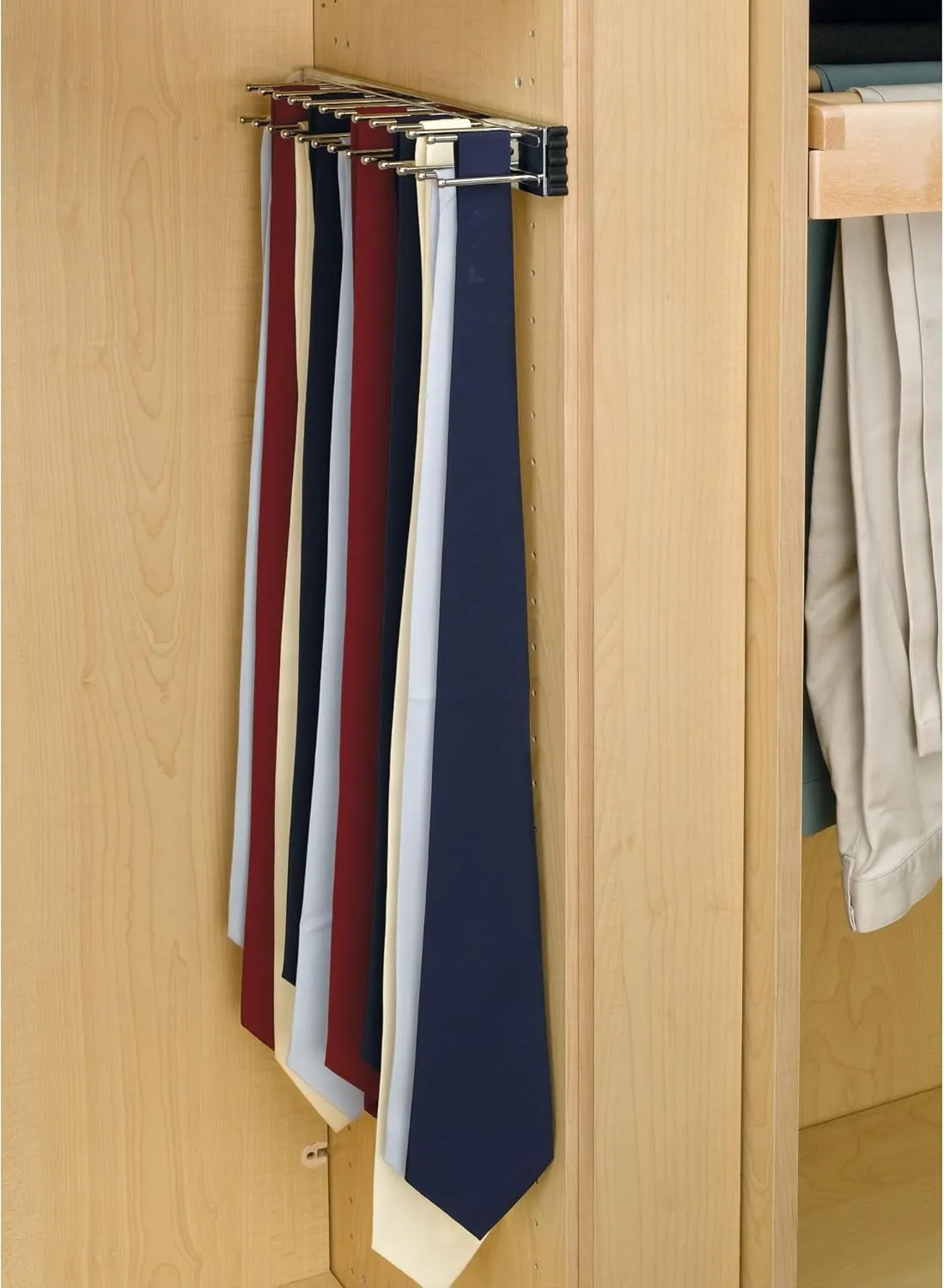 Rev-A-Shelf Pullout 14 Inch Side Mount Extending Closet Tie and Belt Organization Storage Rack Holder for Up to 25 Ties, Chrome, TRC-14CR