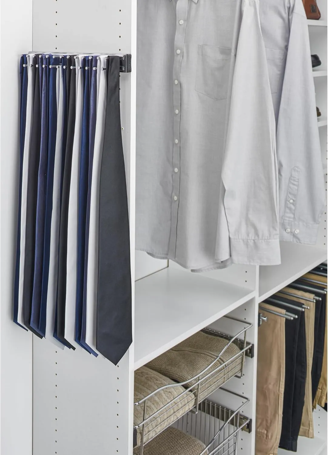 Rev-A-Shelf Pullout 14 Inch Side Mount Extending Closet Tie and Belt Organization Storage Rack Holder for Up to 25 Ties, Chrome, TRC-14CR