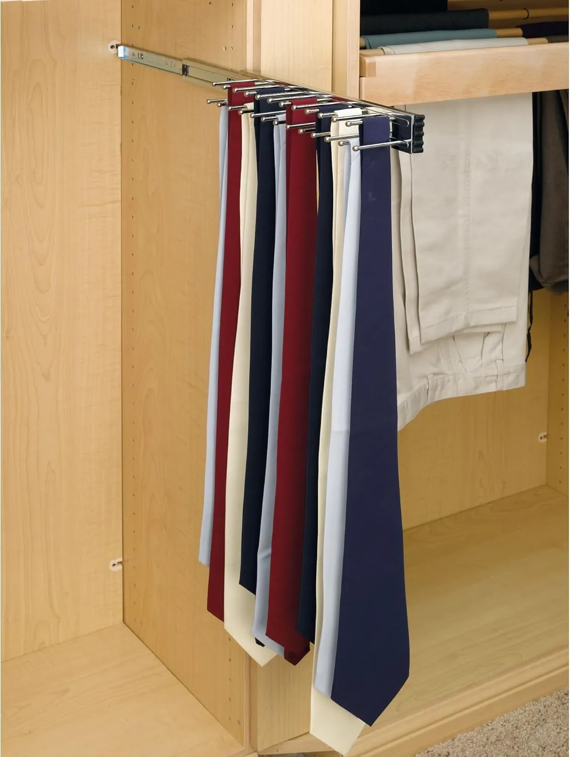 Rev-A-Shelf Pullout 14 Inch Side Mount Extending Closet Tie and Belt Organization Storage Rack Holder for Up to 25 Ties, Chrome, TRC-14CR