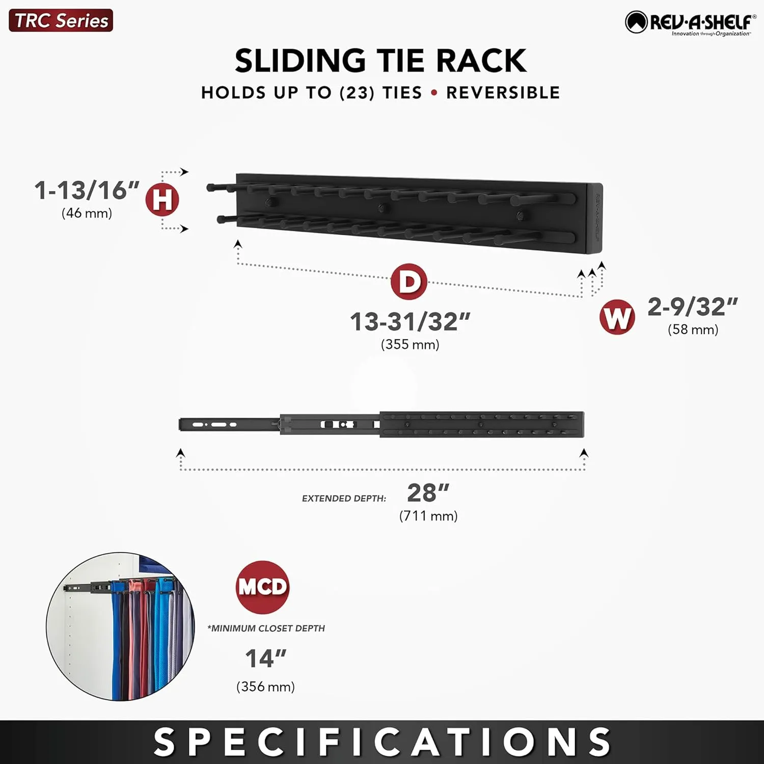 Rev-A-Shelf Pullout 14 Inch Side Mount Extending Closet Tie and Belt Organization Storage Rack Holder for Up to 25 Ties, Chrome, TRC-14CR