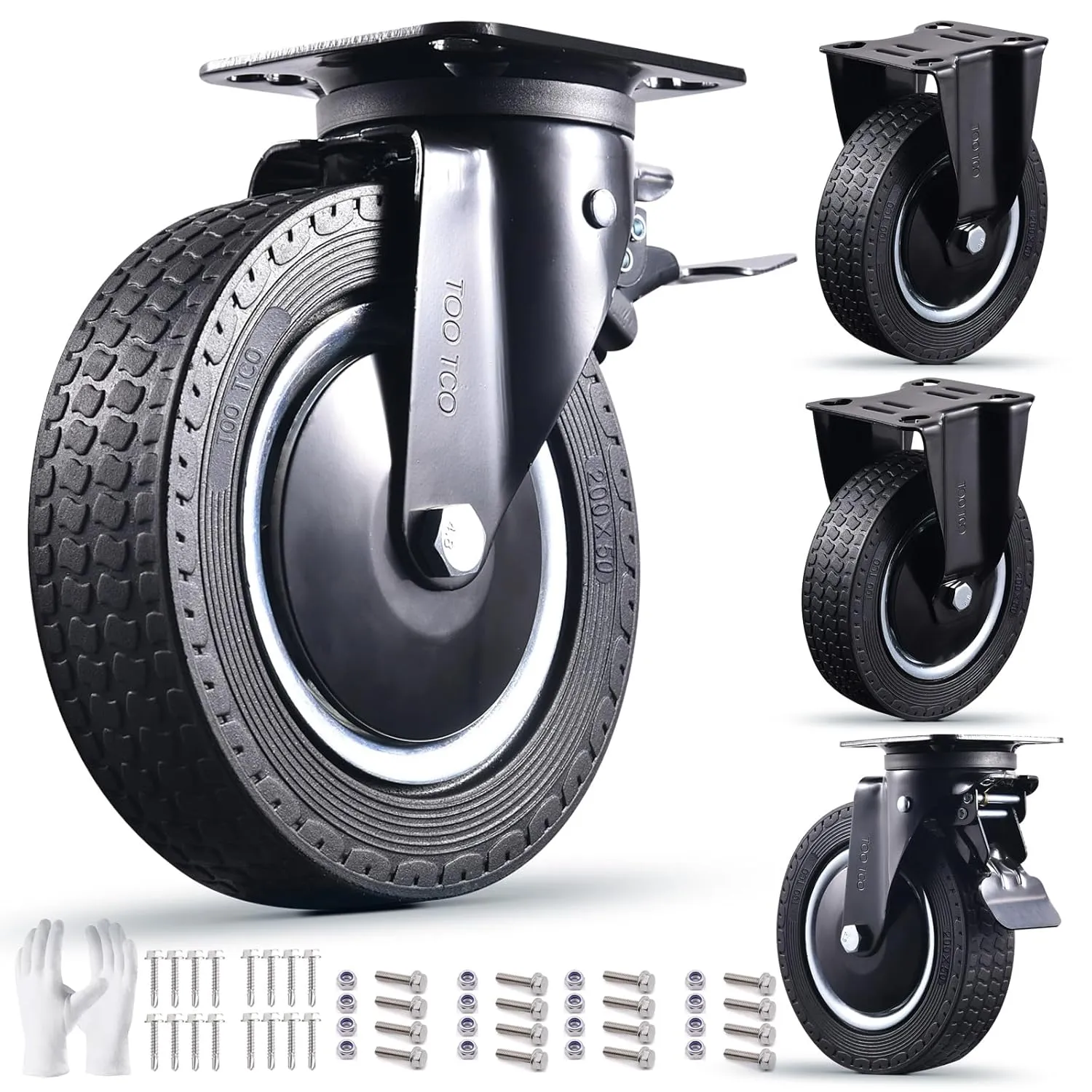 Rigid 8 Inch Caster Wheels Set of 4 Heavy Duty Industrial Swivel Locking Casters 3200 Lbs Load Capacity, Fixed Black Rubber Wheels for Cart, Furniture, Workbench - Bolts & Screws Included…