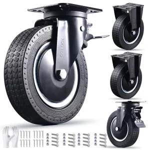 Rigid 8 Inch Caster Wheels Set of 4 Heavy Duty Industrial Swivel Locking Casters 3200 Lbs Load Capacity, Fixed Black Rubber Wheels for Cart, Furniture, Workbench - Bolts & Screws Included…
