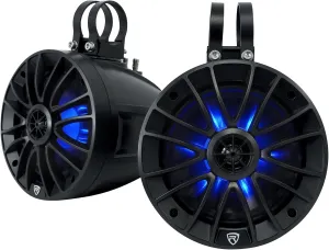 Rockville PT65BR Pair, 6.5" Powered Bluetooth LED Tower Speakers, Includes RGB Remote, 300W Peak Power, IPX6 Water Resistant, 360° Swivel Mount Black, Perfect for ATV/UTV/RZR/Cart