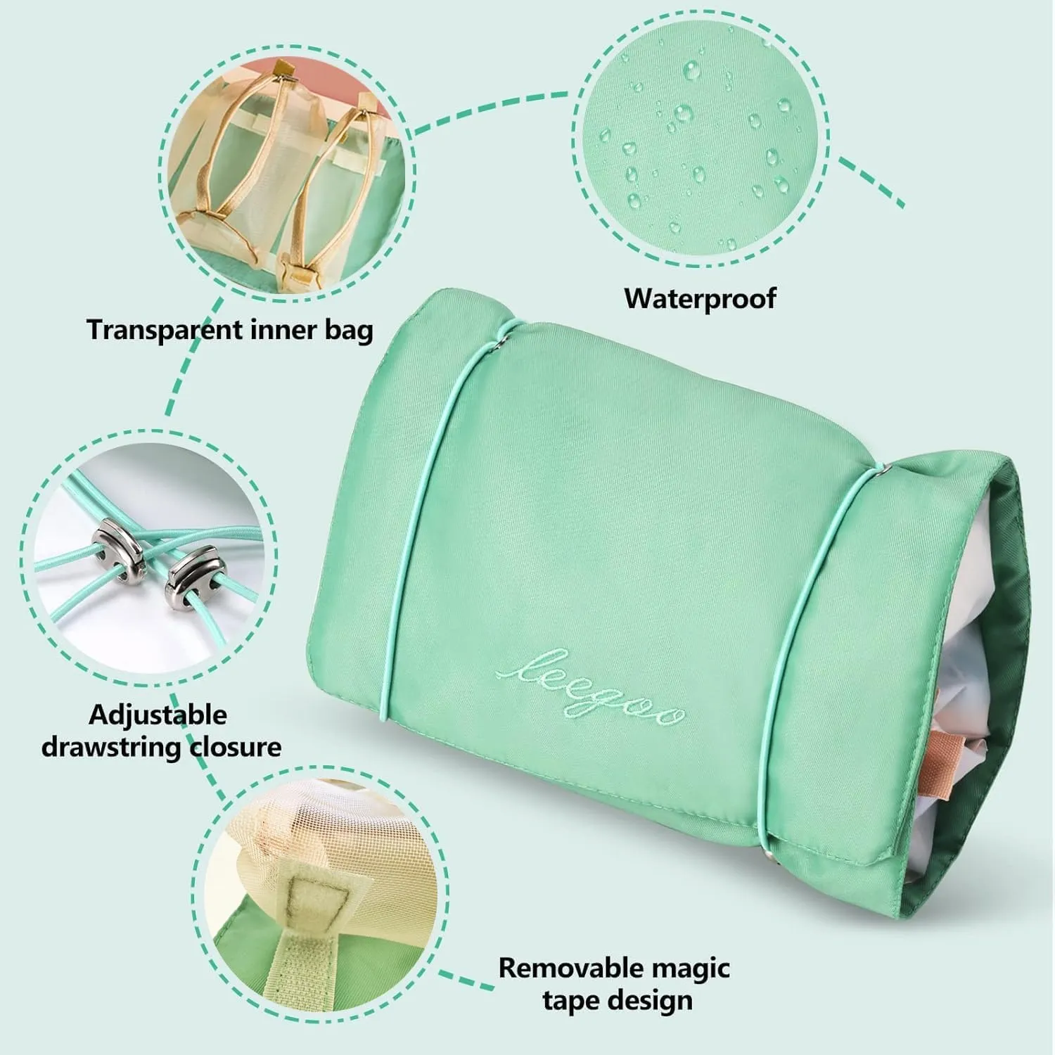 Roll Up Makeup Bag, Hanging Toiletry Bag, 4 in 1 Detachable Cosmetic Bag, 4 Removable Storage Bags, Travel Makeup Organizer Bags for Women Men(Green)