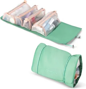 Roll Up Makeup Bag, Hanging Toiletry Bag, 4 in 1 Detachable Cosmetic Bag, 4 Removable Storage Bags, Travel Makeup Organizer Bags for Women Men(Green)