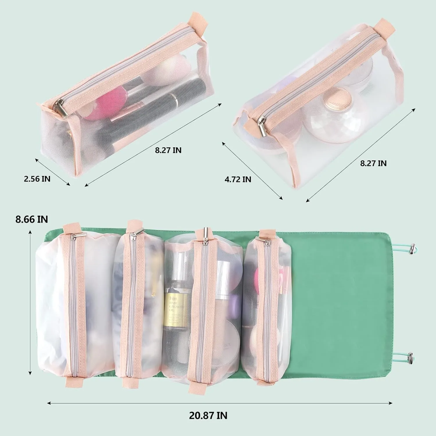 Roll Up Makeup Bag, Hanging Toiletry Bag, 4 in 1 Detachable Cosmetic Bag, 4 Removable Storage Bags, Travel Makeup Organizer Bags for Women Men(Green)