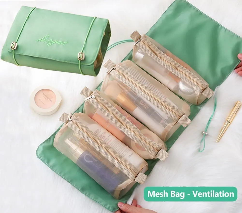 Roll Up Makeup Bag, Hanging Toiletry Bag, 4 in 1 Detachable Cosmetic Bag, 4 Removable Storage Bags, Travel Makeup Organizer Bags for Women Men(Green)