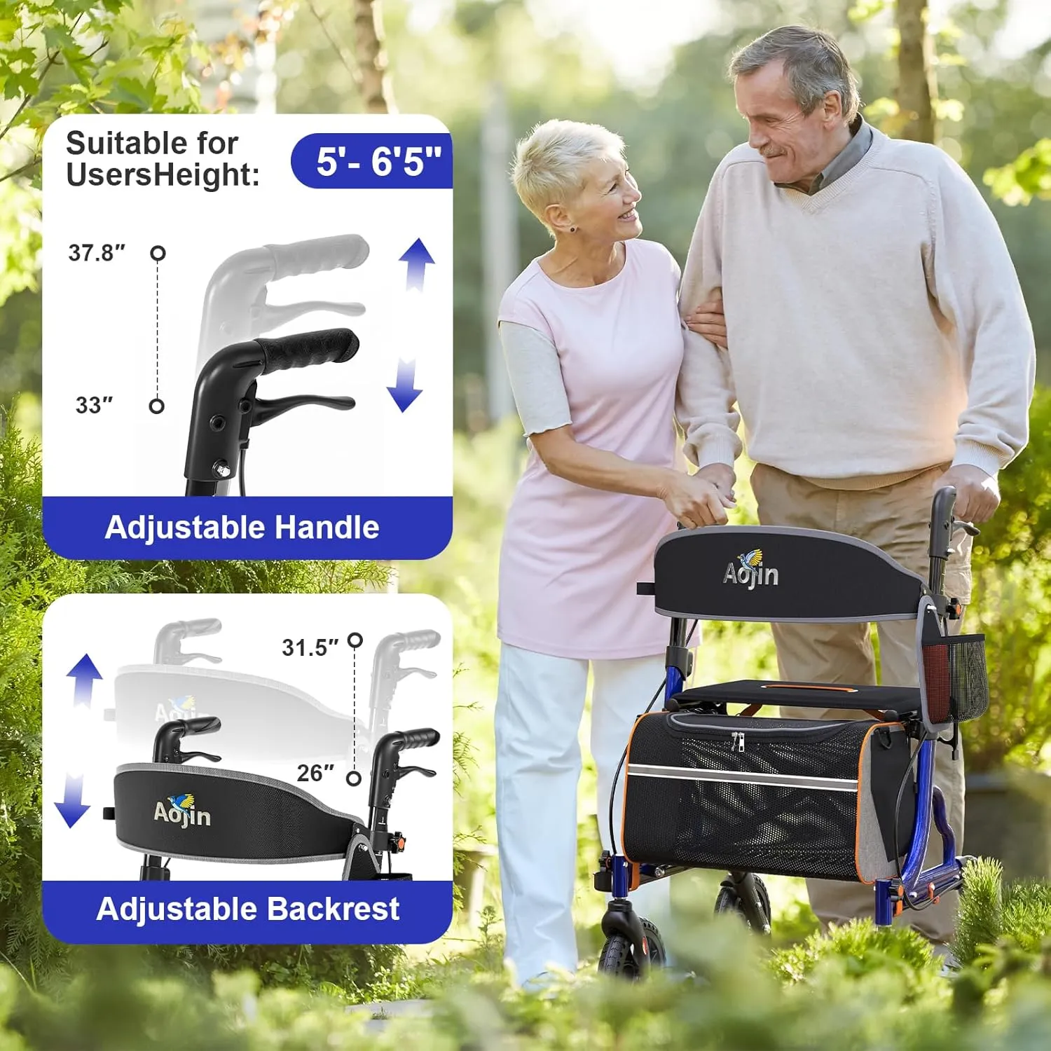 Rollator Walkers for Seniors with Seat, Foldable Walkers for Seniors, 8" All-Terrain Wheels, 18" Big Seat, 6-Level Adjustable Height Rolling Walker, 350 lb, Walker for Seniors & Adults (Blue)