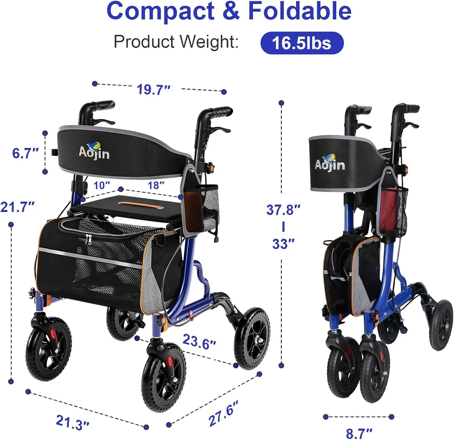 Rollator Walkers for Seniors with Seat, Foldable Walkers for Seniors, 8" All-Terrain Wheels, 18" Big Seat, 6-Level Adjustable Height Rolling Walker, 350 lb, Walker for Seniors & Adults (Blue)