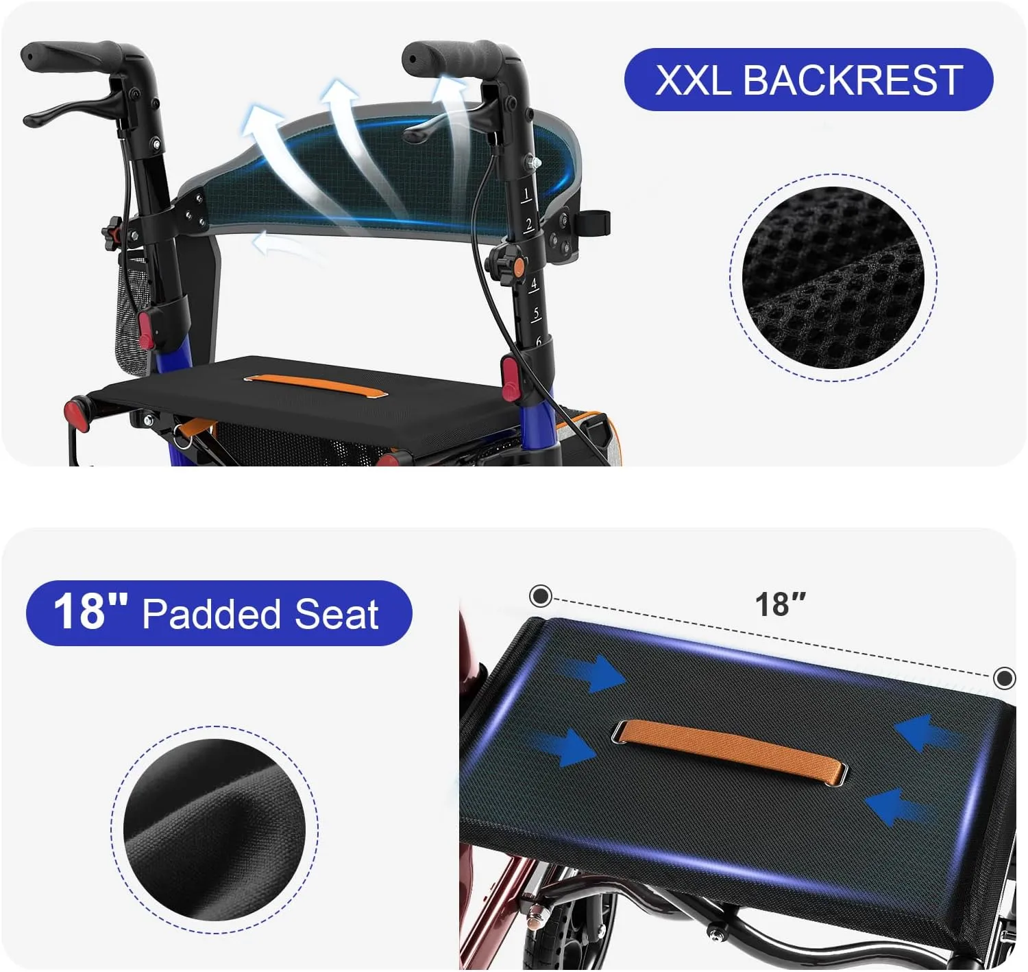 Rollator Walkers for Seniors with Seat, Foldable Walkers for Seniors, 8" All-Terrain Wheels, 18" Big Seat, 6-Level Adjustable Height Rolling Walker, 350 lb, Walker for Seniors & Adults (Blue)