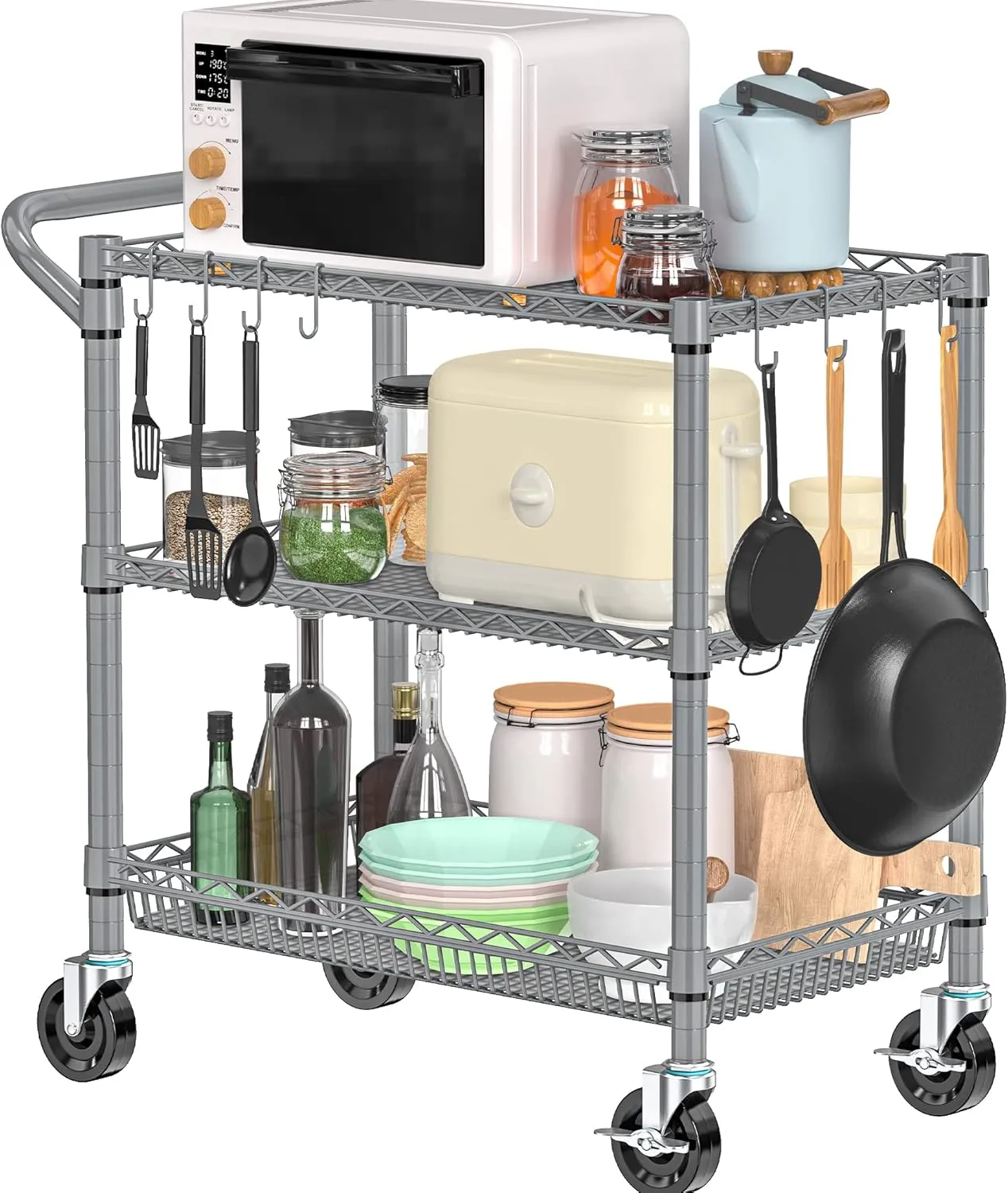 Rolling Cart with Wheels, Heavy Duty 3 Tier Metal Utility Cart 990lbs Capacity, Multi-Purpose Wire Rolling Storage Trolley for Kitchen Garage Office Commercial Use, Gray