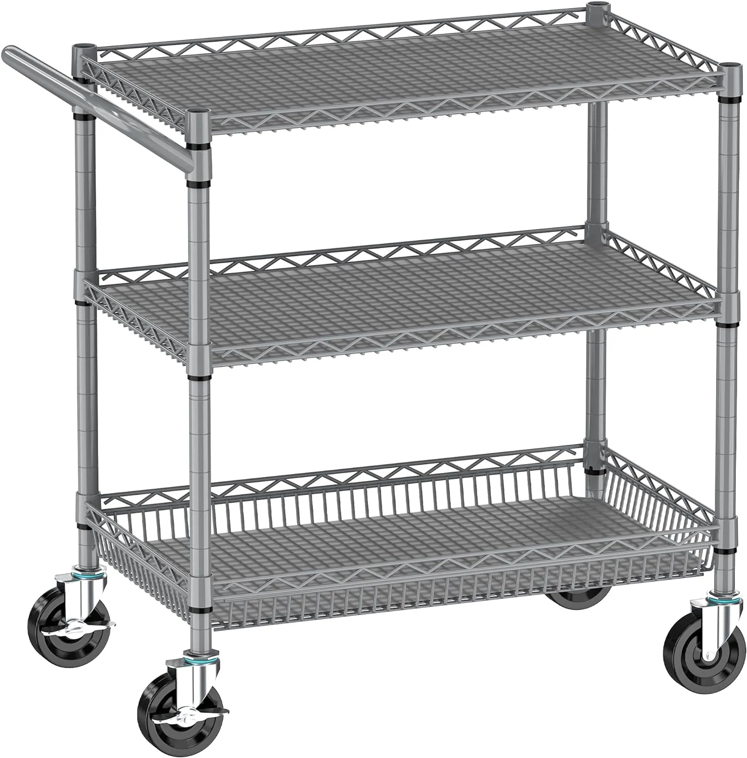 Rolling Cart with Wheels, Heavy Duty 3 Tier Metal Utility Cart 990lbs Capacity, Multi-Purpose Wire Rolling Storage Trolley for Kitchen Garage Office Commercial Use, Gray