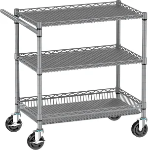 Rolling Cart with Wheels, Heavy Duty 3 Tier Metal Utility Cart 990lbs Capacity, Multi-Purpose Wire Rolling Storage Trolley for Kitchen Garage Office Commercial Use, Gray