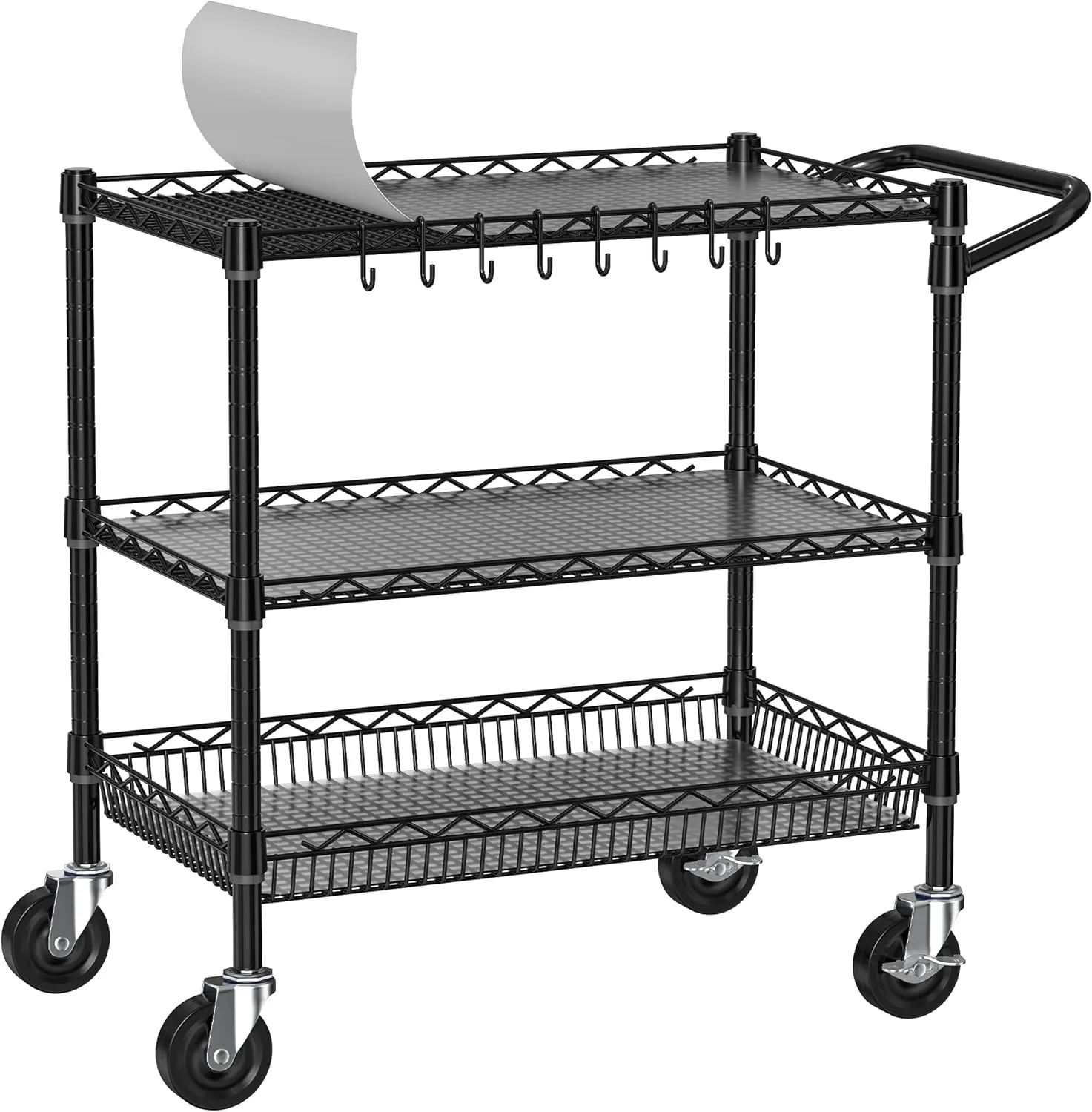 Rolling Cart with Wheels, Heavy Duty Utility Cart Organizer Metal Kitchen Storage Cart 3 Tier Commercial Grade Trolley Shelf Rack Cart Wire Service Cart with Handle Bar, Black, Large