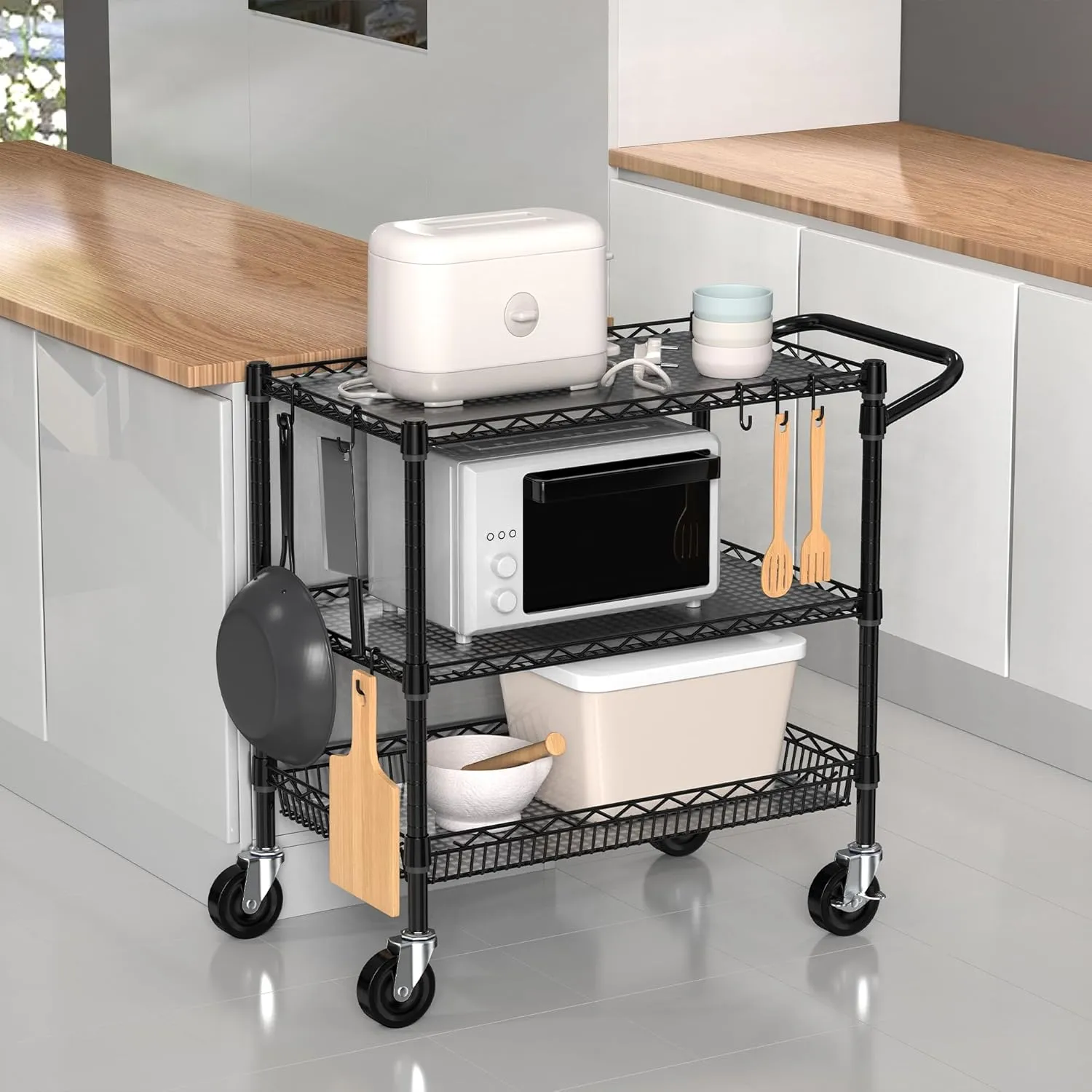 Rolling Cart with Wheels, Heavy Duty Utility Cart Organizer Metal Kitchen Storage Cart 3 Tier Commercial Grade Trolley Shelf Rack Cart Wire Service Cart with Handle Bar, Black, Large