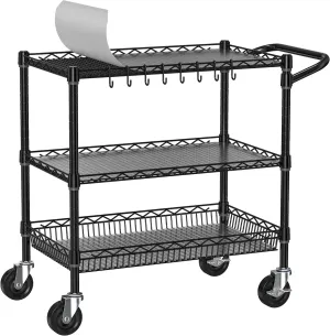 Rolling Cart with Wheels, Heavy Duty Utility Cart Organizer Metal Kitchen Storage Cart 3 Tier Commercial Grade Trolley Shelf Rack Cart Wire Service Cart with Handle Bar, Black, Large