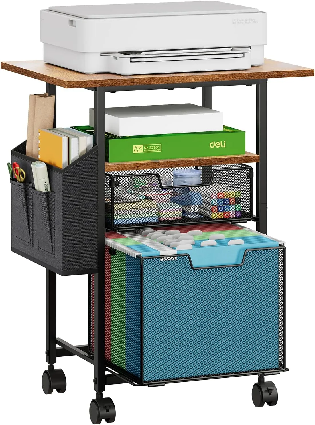 Rolling File Cart with Extended Desktop,2 Drawer Small File Cabinet for Home Office,Under Desk Storage Filing Cabinet with Side Bag,File Folder Organizer with Wheels,Printer Stand Storage Cart