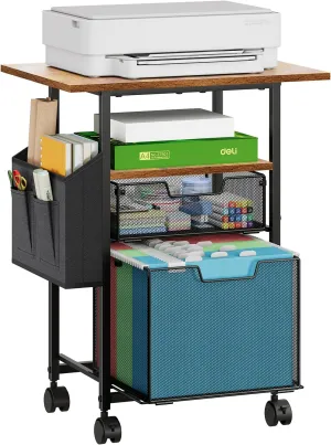 Rolling File Cart with Extended Desktop,2 Drawer Small File Cabinet for Home Office,Under Desk Storage Filing Cabinet with Side Bag,File Folder Organizer with Wheels,Printer Stand Storage Cart