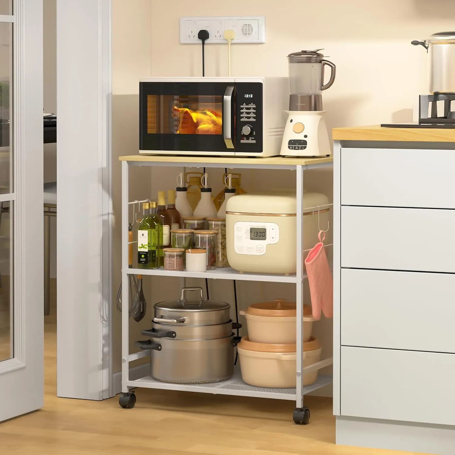 Rolling Kitchen Microwave Cart, 3 Tier Microwave Table Stand with Storage, Kitchen Utility Cart on Lockable Wheels, Small Coffee Station Shelf Rack Organizer for Living Room Office, Balcony