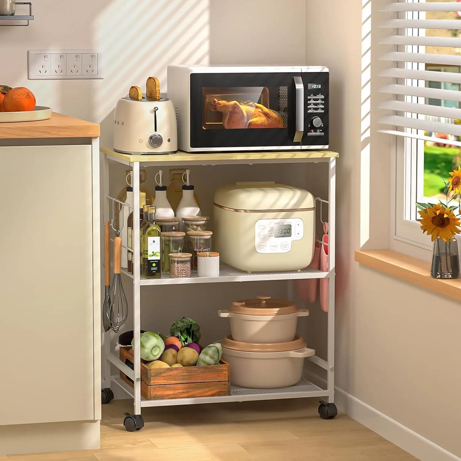 Rolling Kitchen Microwave Cart, 3 Tier Microwave Table Stand with Storage, Kitchen Utility Cart on Lockable Wheels, Small Coffee Station Shelf Rack Organizer for Living Room Office, Balcony