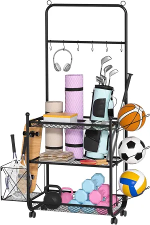 Rolling Sports Gear Storage Rack - 3-Layer Metal Mesh Organizer with Lockable Casters for Yoga Mats, Dumbbells, Foam Rollers - Easy Assembly Home Gym Solution Black
