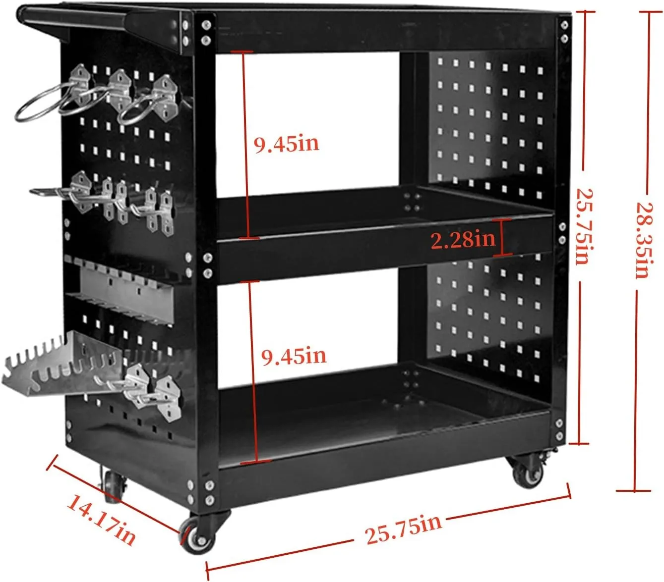 Rolling Tool Cart,3 Tier Heavy Duty Mechanic Tool Storage Cart on Wheels,Side Pegboard kit and Lockable System, 14 Hooks, 300lbs Load Capacity, for Garage Warehouse Workshop Repair Shop (Black)