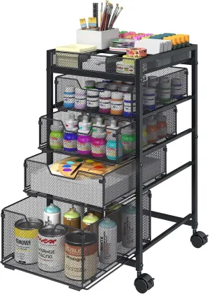 Rolling Utility Cart with 4 Drawers, Craft Organizer and Storage Carts with DIY Divider, Lockable Wheels Storage Organizer for Art Supplies, Store for Brushes & Paints & Artifacts & Small Parts