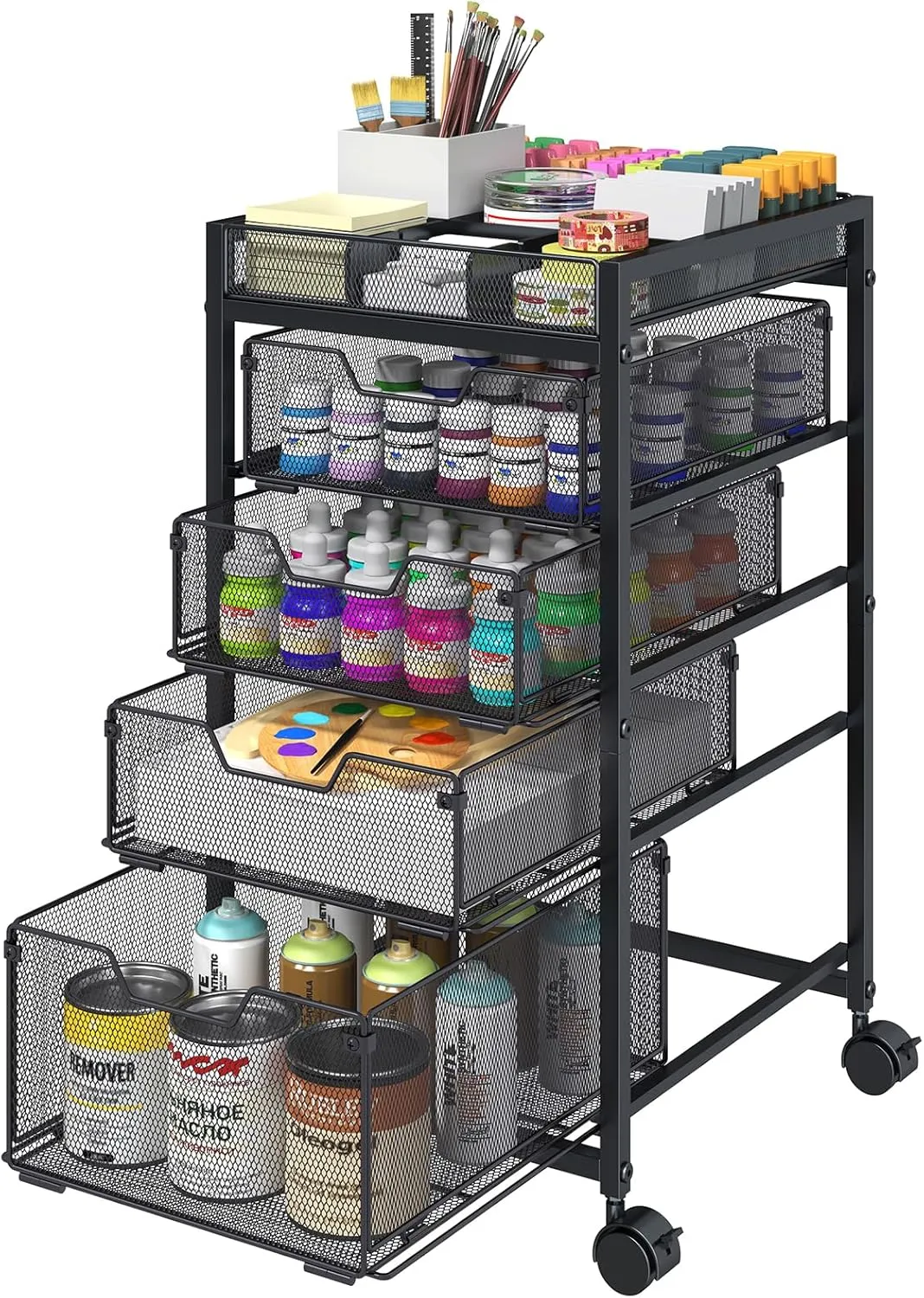 Rolling Utility Cart with 4 Drawers, Craft Organizer and Storage Carts with DIY Divider, Lockable Wheels Storage Organizer for Art Supplies, Store for Brushes & Paints & Artifacts & Small Parts