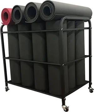 Rolling Yoga Mat Storage Cart with Lockable Wheels, Pilates Mat/Workout Pad/Exercise Mats Organizer Holder, Black Metal Trolley Stand