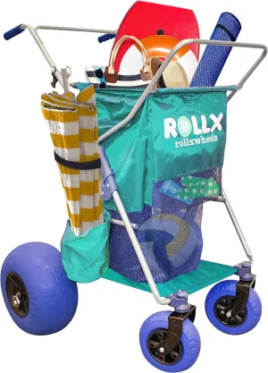 RollX Beach Cart With 4 Balloon Wheels for Sand, Foldable Storage Wagon With Rear 13 Inch and Front 7 Inch Tires (Pump Included) (Seafoam)