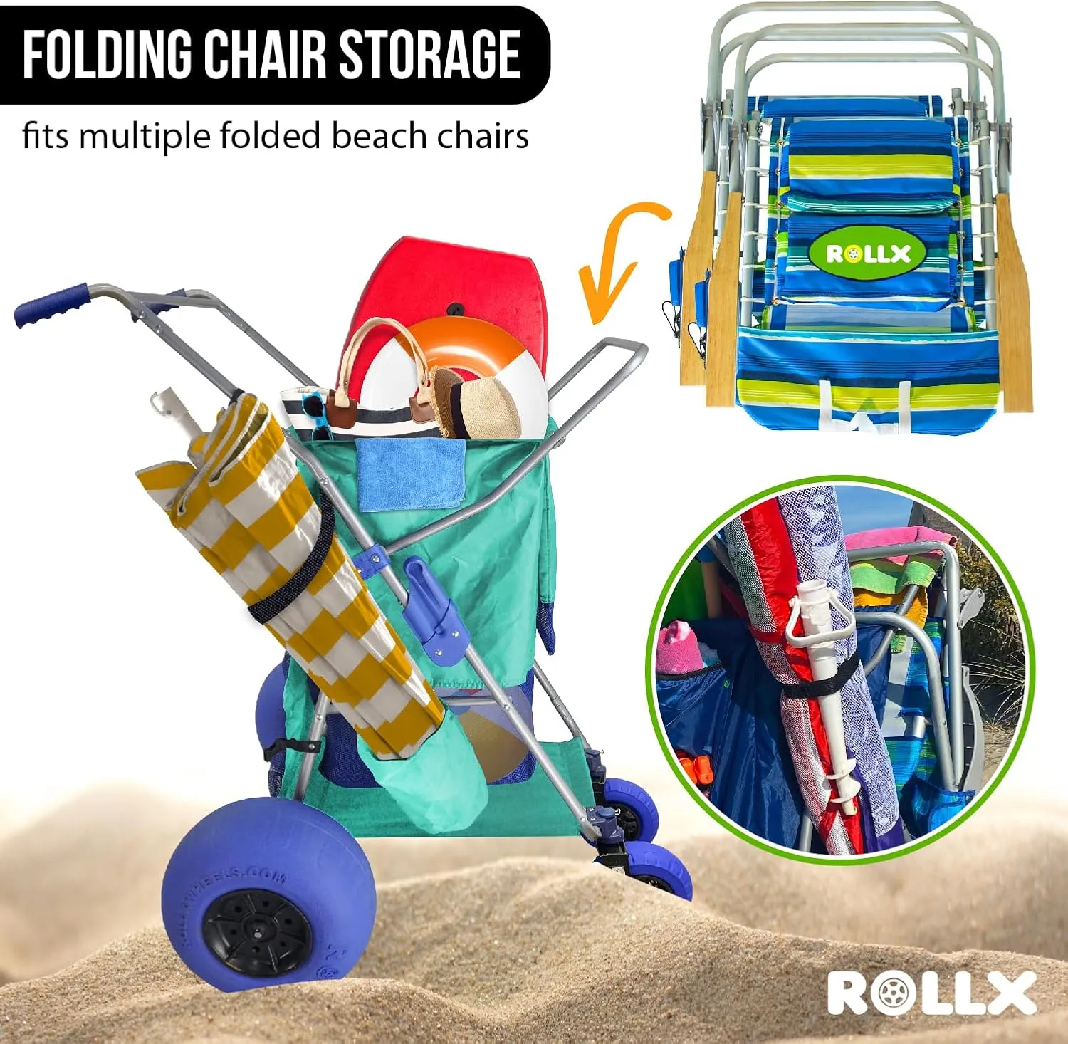 RollX Beach Cart With 4 Balloon Wheels for Sand, Foldable Storage Wagon With Rear 13 Inch and Front 7 Inch Tires (Pump Included) (Seafoam)