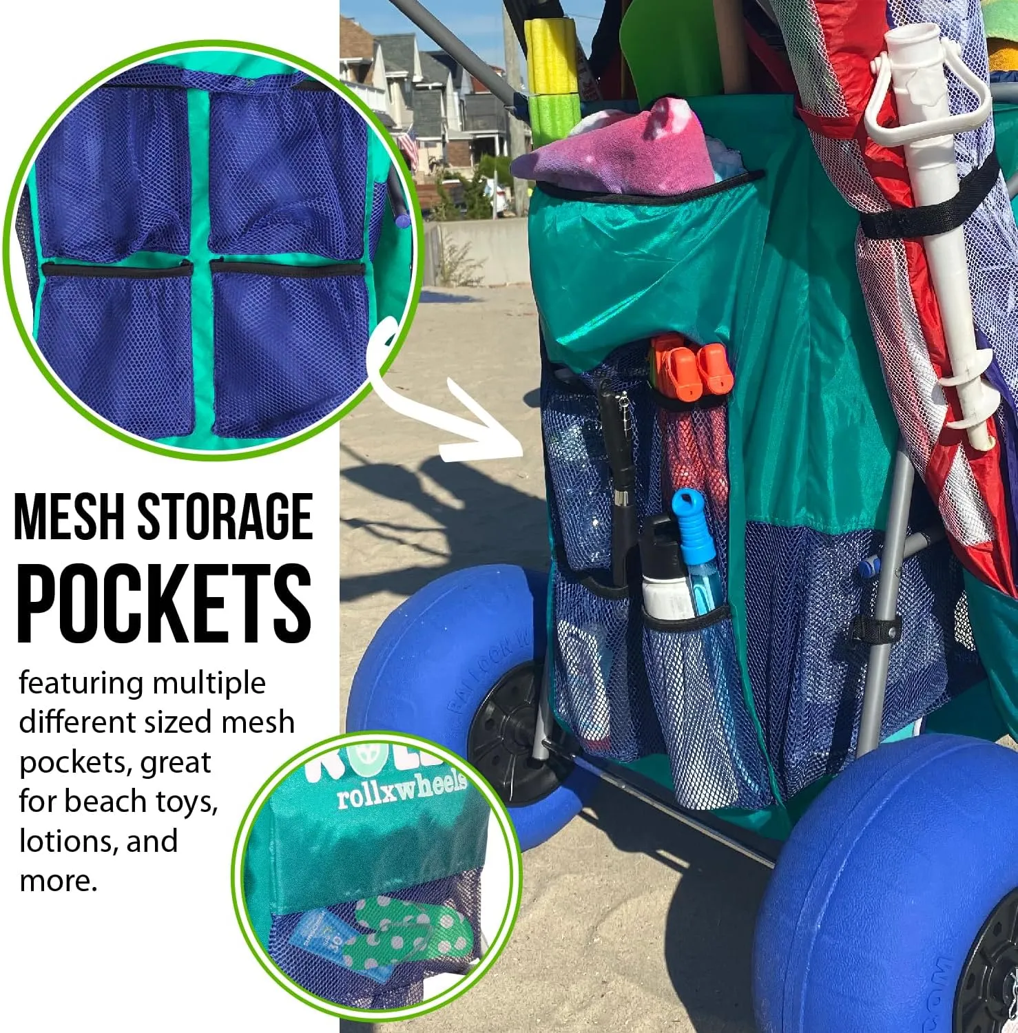 RollX Beach Cart With 4 Balloon Wheels for Sand, Foldable Storage Wagon With Rear 13 Inch and Front 7 Inch Tires (Pump Included) (Seafoam)