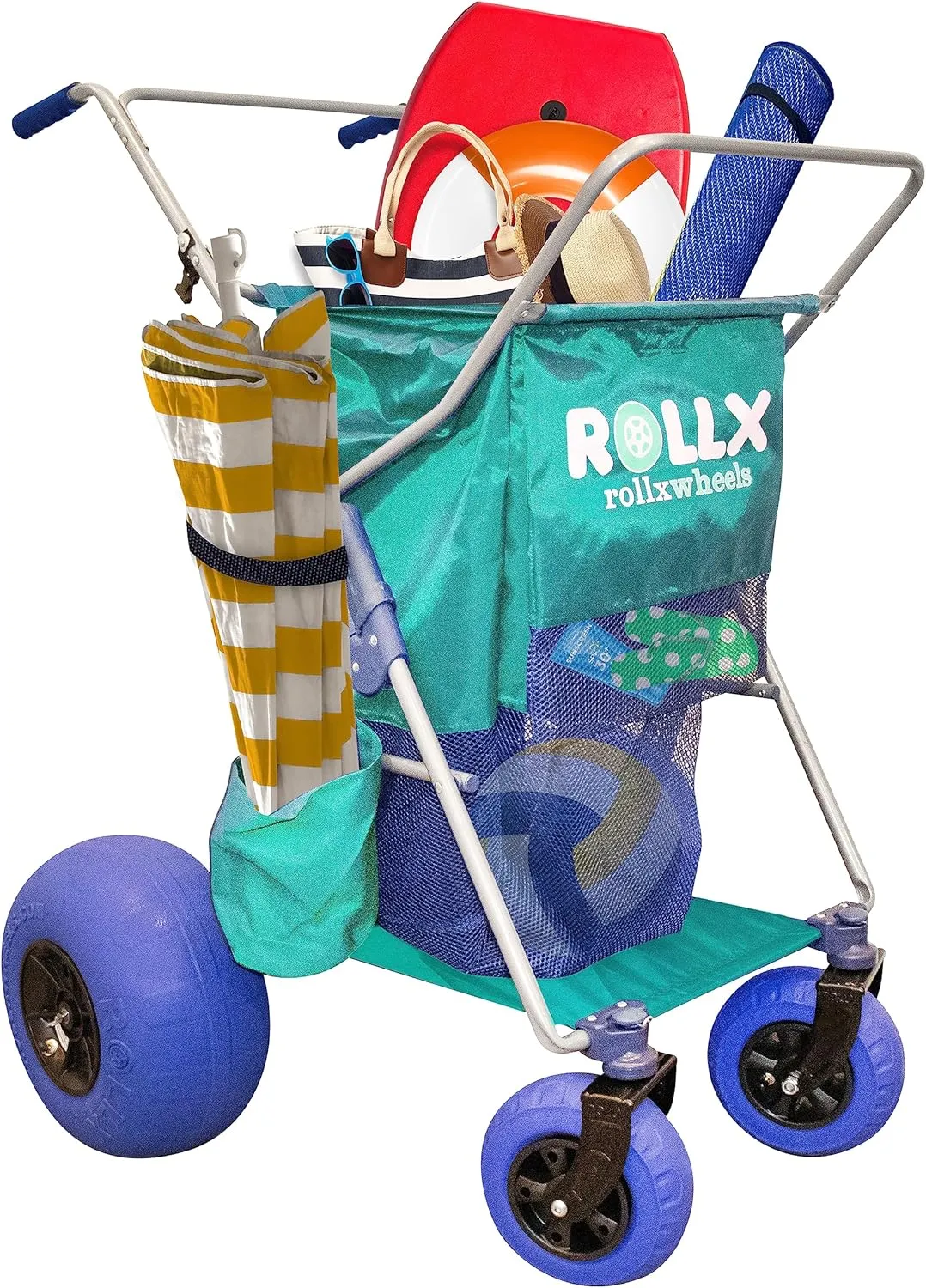RollX Beach Cart With 4 Balloon Wheels for Sand, Foldable Storage Wagon With Rear 13 Inch and Front 7 Inch Tires (Pump Included) (Seafoam)