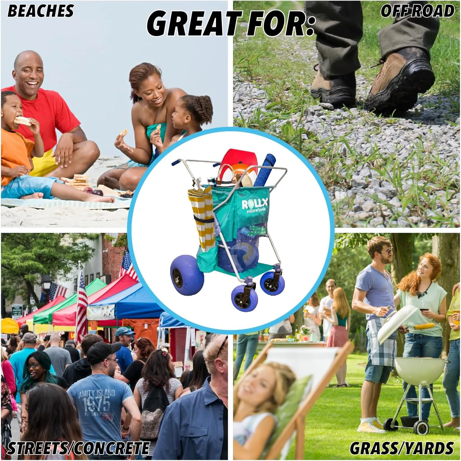 RollX Beach Cart With 4 Balloon Wheels for Sand, Foldable Storage Wagon With Rear 13 Inch and Front 7 Inch Tires (Pump Included) (Seafoam)