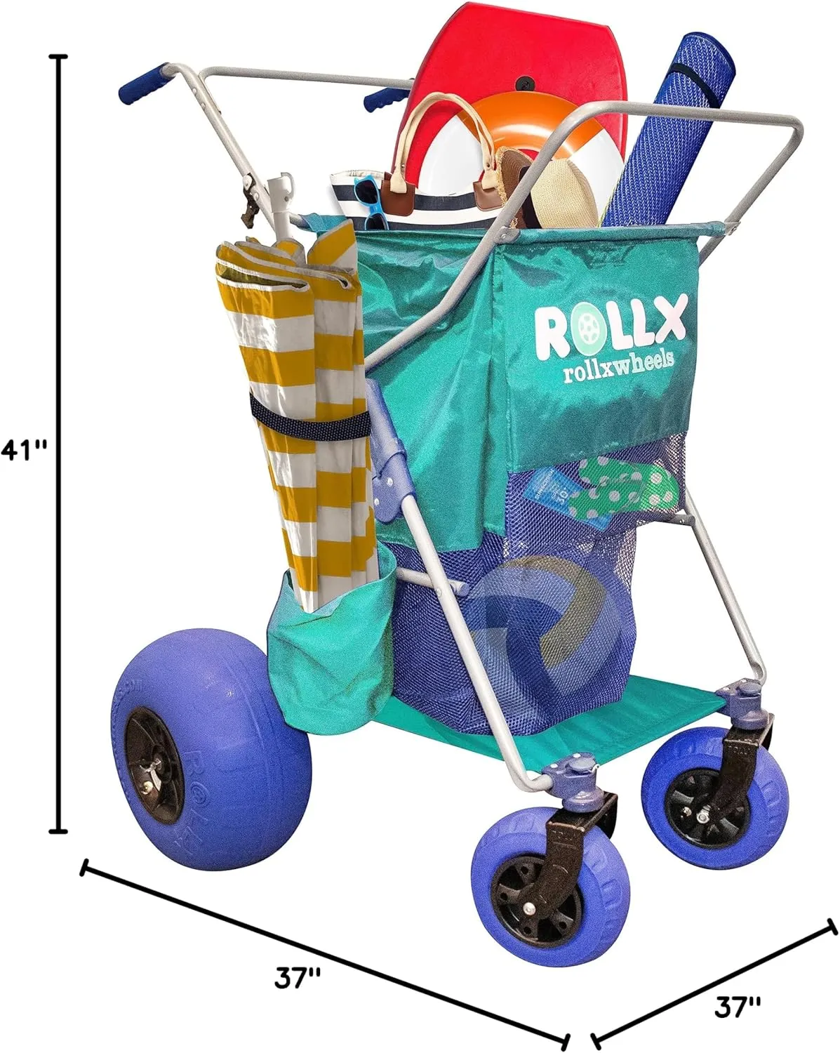 RollX Beach Cart With 4 Balloon Wheels for Sand, Foldable Storage Wagon With Rear 13 Inch and Front 7 Inch Tires (Pump Included) (Seafoam)