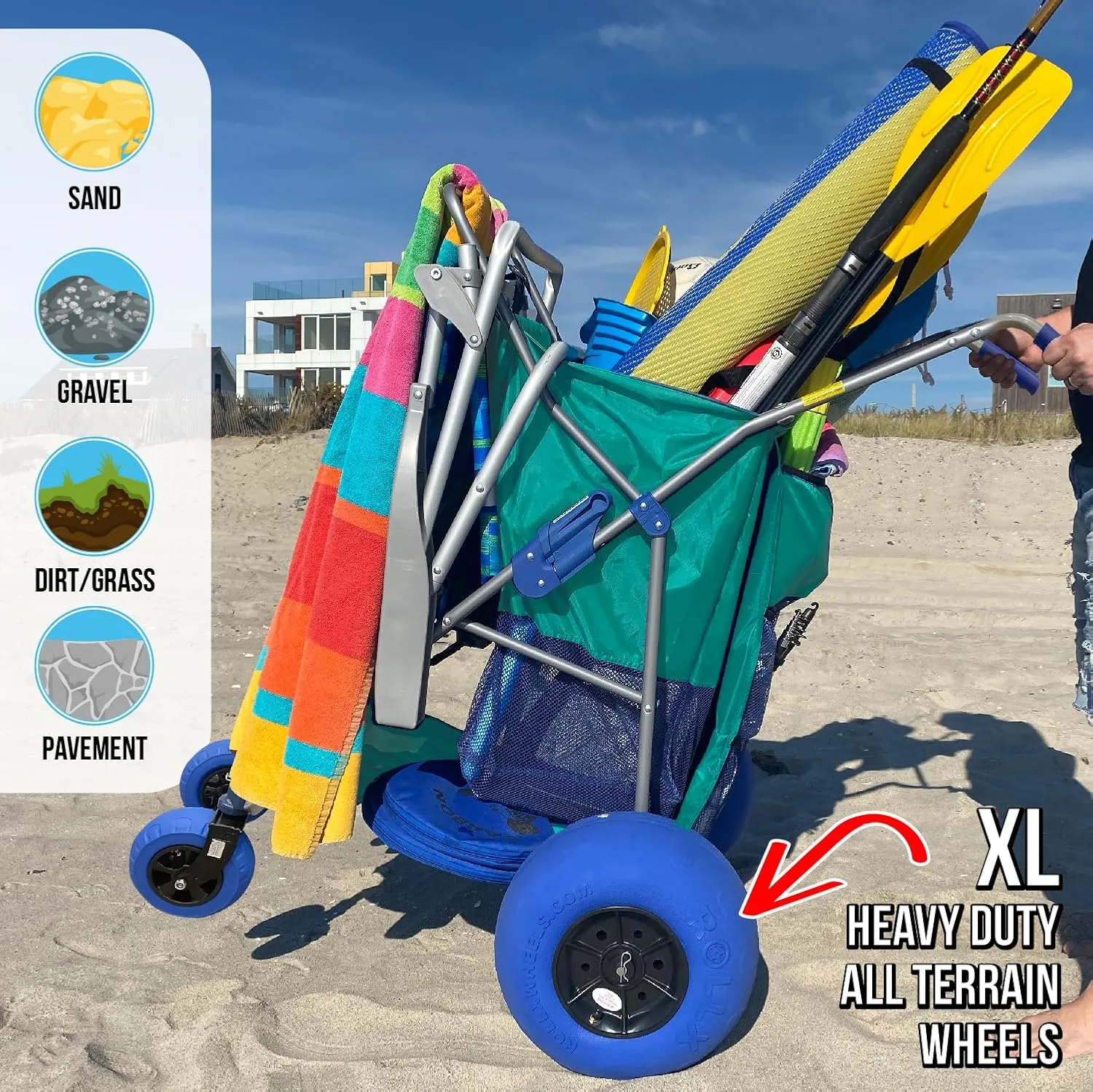 RollX Beach Cart With 4 Balloon Wheels for Sand, Foldable Storage Wagon With Rear 13 Inch and Front 7 Inch Tires (Pump Included) (Seafoam)