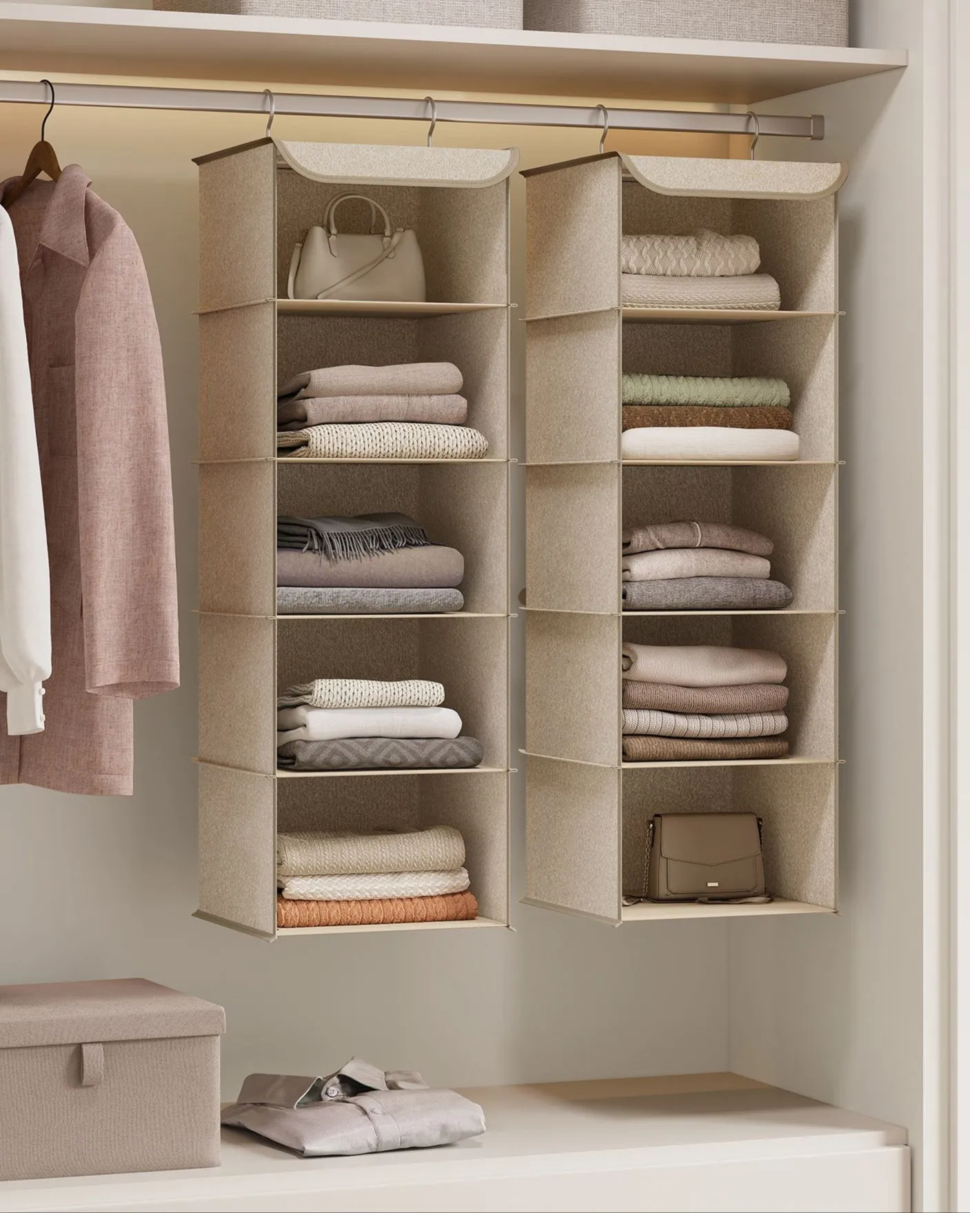 Rootz 2 Pack Hanging Organizer - Closet Organizer - Storage Solution - Non-Woven Fabric - Bamboo Inserts - Metal Frame - Sand Beige - 30cm x 30cm x 90cm
