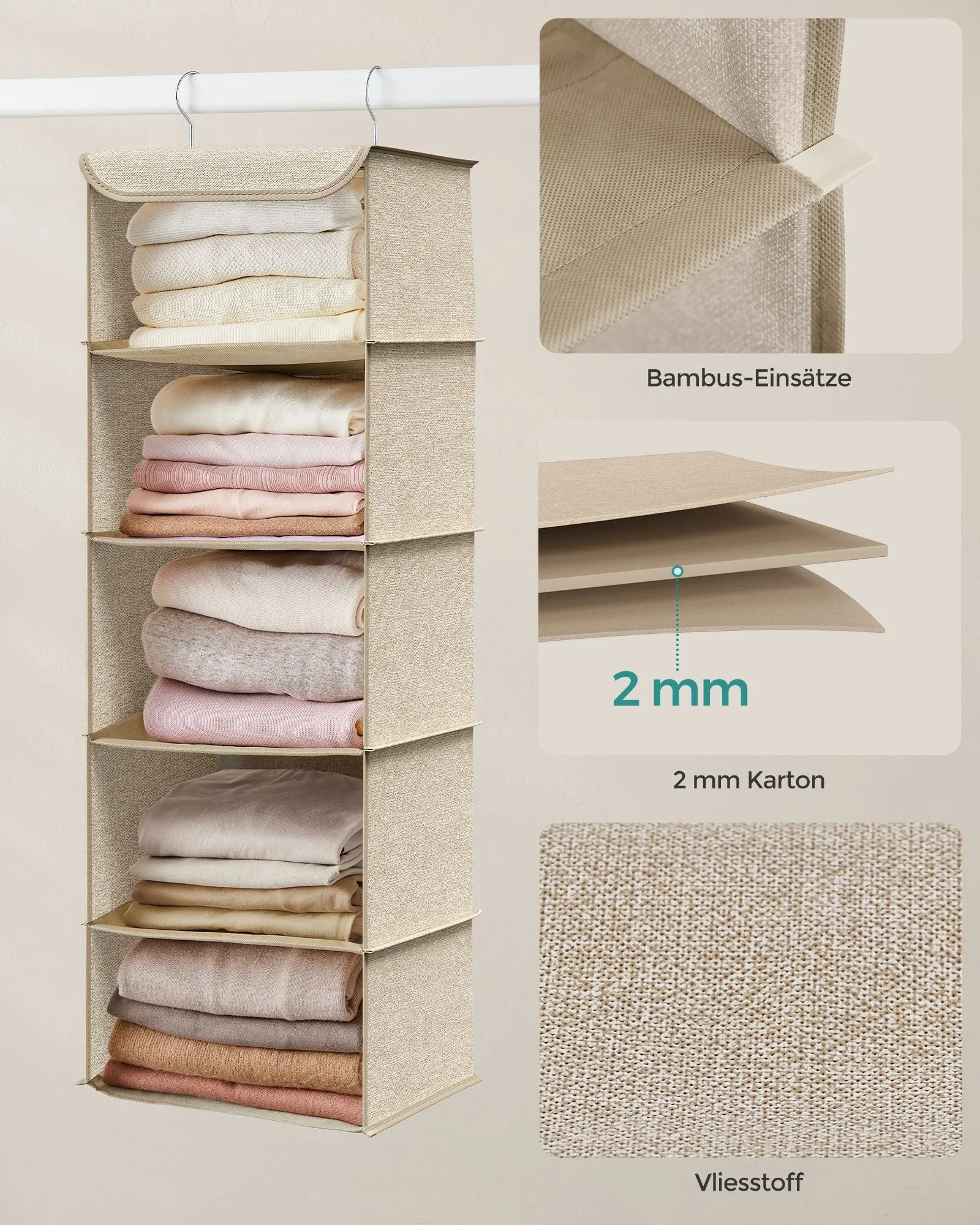 Rootz Hanging Organizer - Storage Rack - Closet Organizer - Sand Beige - Non-Woven Fabric - Bamboo Inserts - Metal Frame - Lightweight - Space-Saving - Easy Assembly - 30cm x 30cm x 90cm