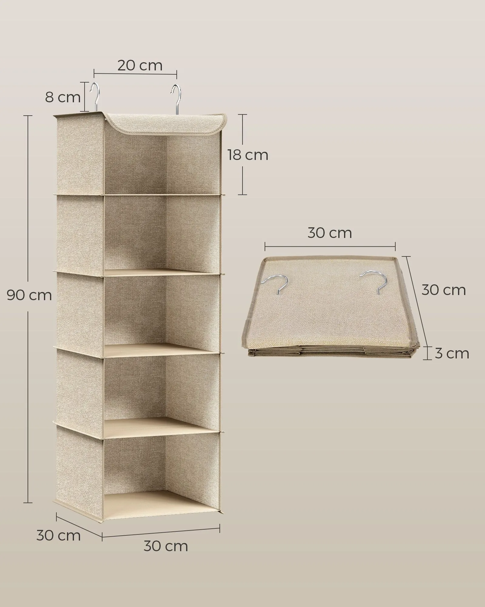 Rootz Hanging Organizer - Storage Rack - Closet Organizer - Sand Beige - Non-Woven Fabric - Bamboo Inserts - Metal Frame - Lightweight - Space-Saving - Easy Assembly - 30cm x 30cm x 90cm