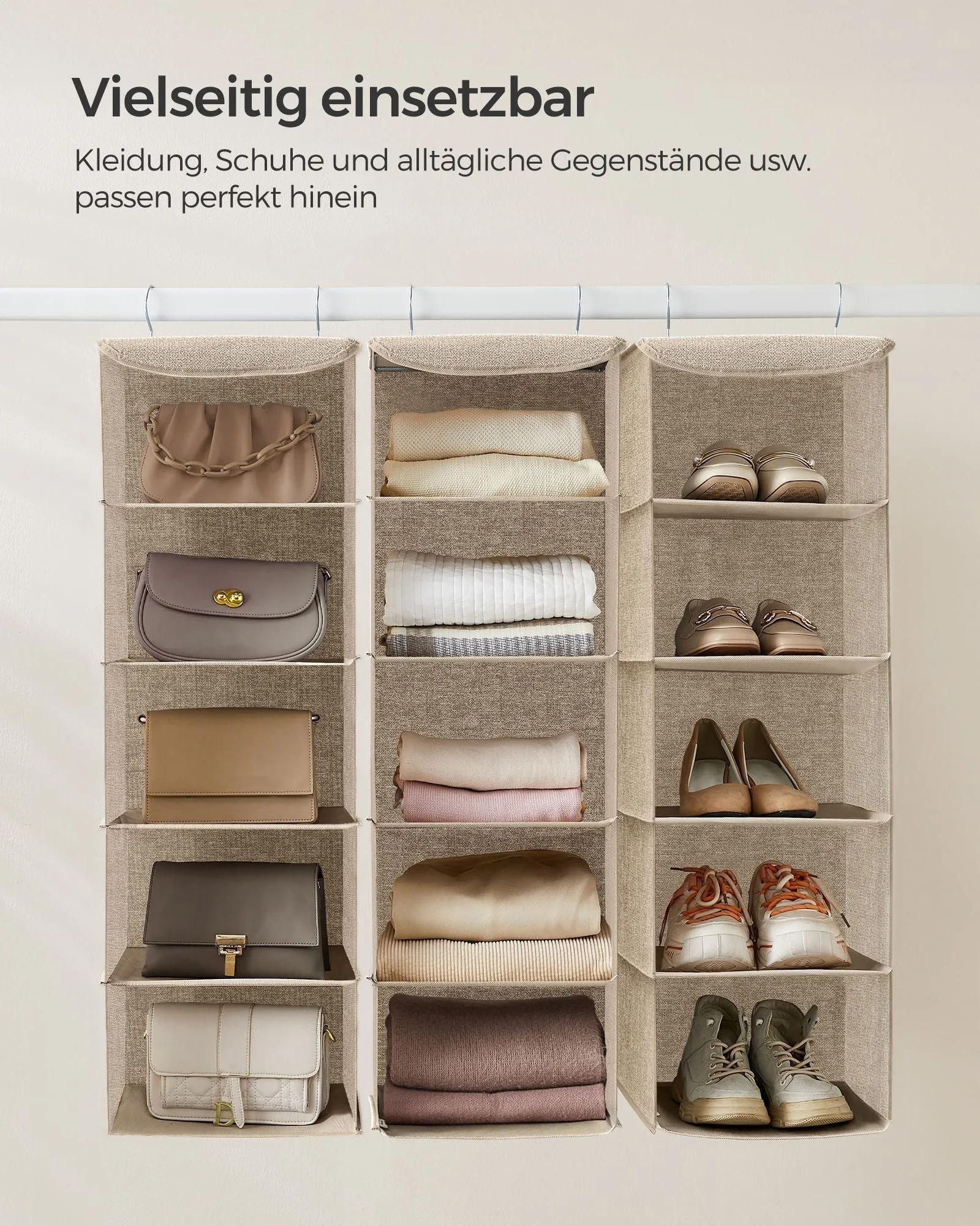 Rootz Hanging Organizer - Storage Rack - Closet Organizer - Sand Beige - Non-Woven Fabric - Bamboo Inserts - Metal Frame - Lightweight - Space-Saving - Easy Assembly - 30cm x 30cm x 90cm